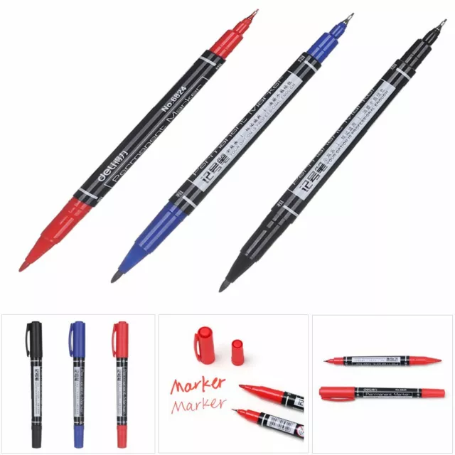 3PCS Twin Tip Permanent Markers Pens Fine Point Black Blue Red Ink 0.5mm  and 1mm Pen