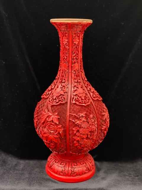 Vintage 13" Red Cinnabar Lacquer Enamel Brass Tall Vase, Chinese Floral Carving