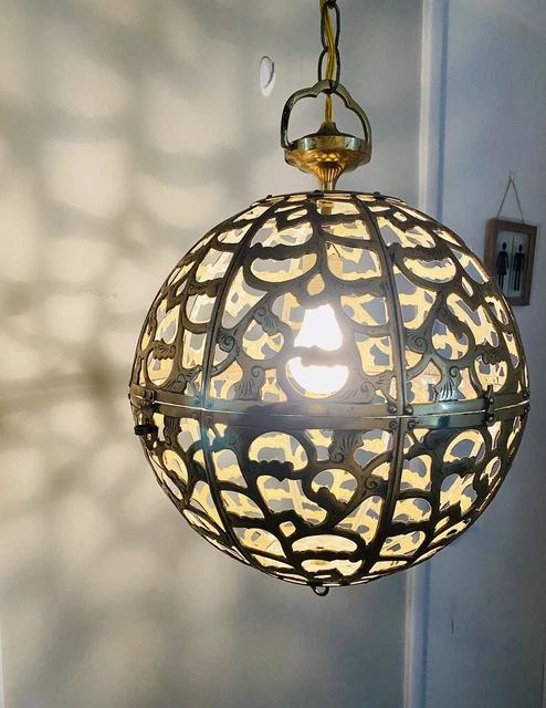 1950’s Vintage Pierced Brass Round Japanese Asian Pendant Light