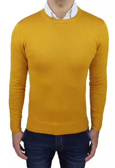 Maglioncino Pullover Uomo Giallo Senape Slim Fit Invernale Maglione Girocollo