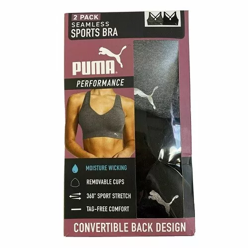 Puma Women's 2-Pack Seamless Sports Bra Removable Cups - Grey/Black, SMALL-NWT