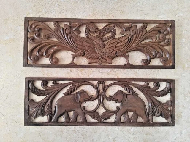 Elephant Temple Peacock Carved Wood Wall Art Panels Home Decor Brown Traditional