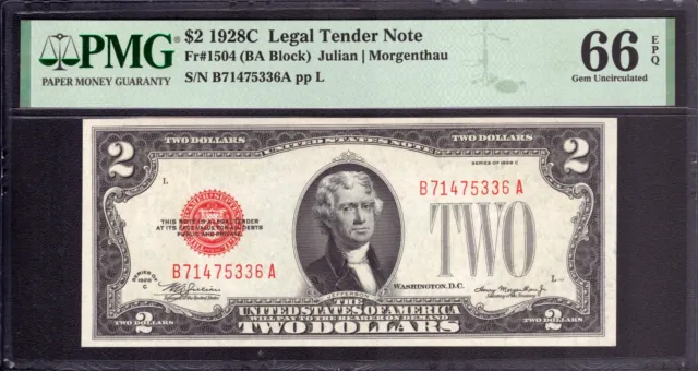 1928 C $2 Legal Tender Red Seal Note Fr.1504 Ba Block Pmg Gem Unc 66 Epq