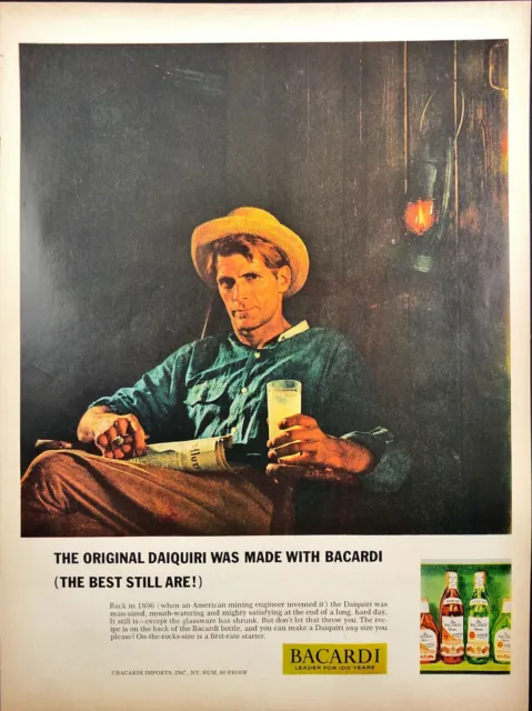 1962 Bacardi Rum Daiquiri Print Ad Man on Porch Cigar Newspaper Glass Lantern