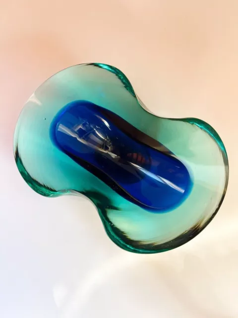 Turquoise and Blue Mid Century Murano Biomorphic Art Glass Bowl Italian