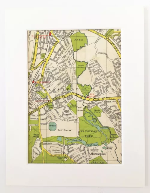 Antique 1940s London Map - Mounted - Colour - WANSTEAD PARK, SOUTH WOODFORD