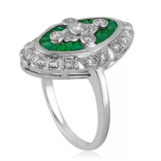 Mid-Century Green Emerald With Old European Cut CZ Art Deco Women's Fine Ring 3