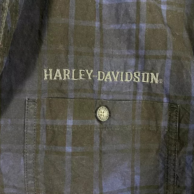 Harley Davidson Mens Large Short Sleeve Button Up Shirt Blue Black Check Logo 3