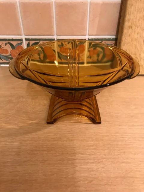 Pressed Amber Glass Footed Bowl With Handles
