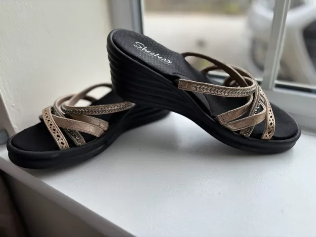 SKECHERS WEDGE SANDALS Memory Foam Black Gold Size UK 5 18.00