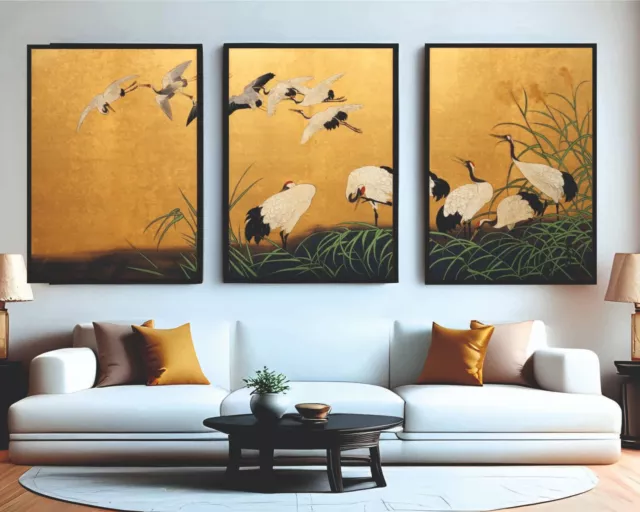 Suzuki Kiitsu - Reeds and Cranes Japanese Wall Art Triptych Set Poster Canvas