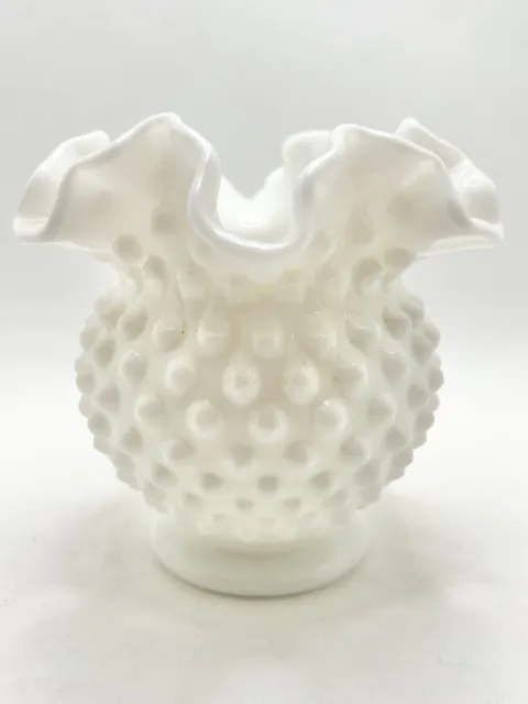 Vintage Fenton White Milk Glass Hobnail Crimped Ruffled Edge Vase