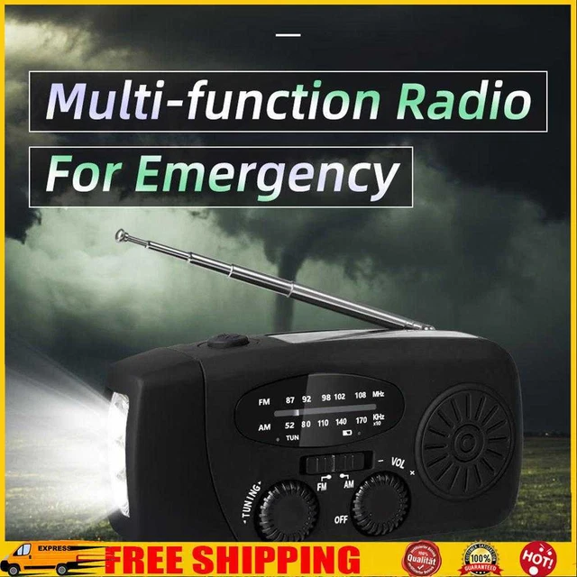 3 LED Lights Flashlight Hand Crank Radio 1200mAh Power AM FM Radio Black