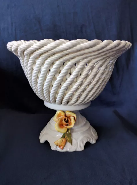 Vintage Porcelain Woven Basket With Flowers Made in Italy