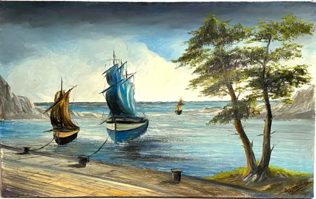 Ancien Tableau Peinture HST Marine Bateaux à Voiles à Quai Signé