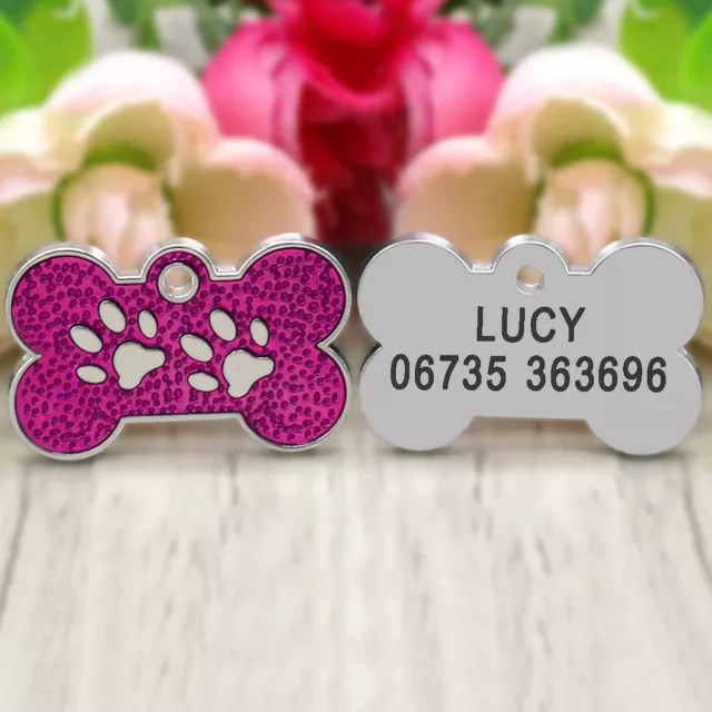 Glitter Personalized Dog Tags Bone Shape Engraved Name Custom ID Tags Paw Print 3