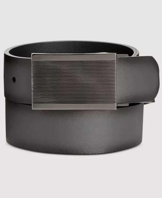 $111 Alfani Men's Black Leather Silver Plaque Buckle Reversible Belt US Size 32