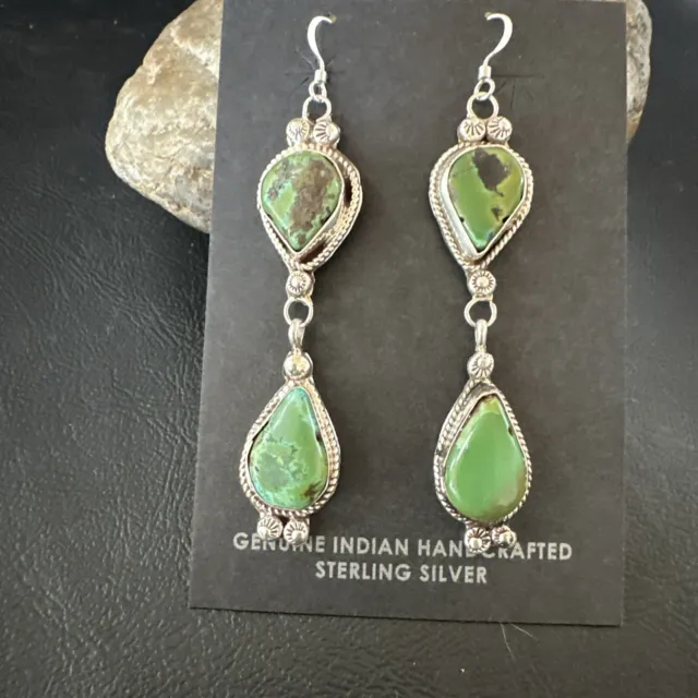 Native Navajo Green Royston Turquoise Sterling Silver Dangle Earrings 17139