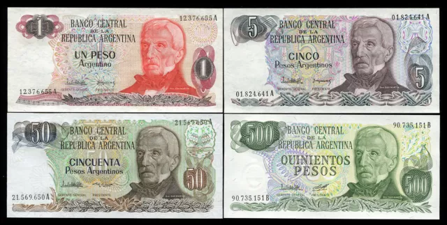 Argentina SET of 4 Notes - 1 5 50 500 Pesos 1977-1985 P-303 311 312 314 (UNC)