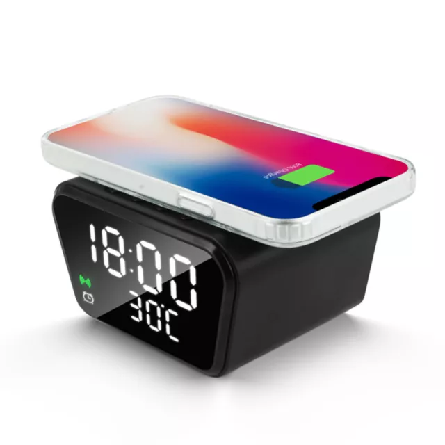 3 in 1 Digital Alarm Clock Wireless Charger Dock Mirror Face Clock Thermometer