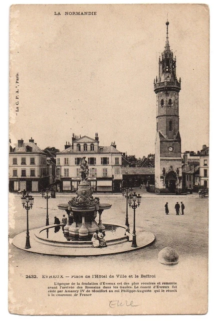 CPA 27 - EVREUX (Eure) 2432. Place de l'Hôtel de Ville et le Beffroi, Dos simple