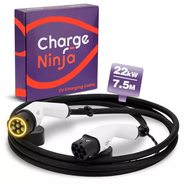 Charge Ninja Typ2 Ladekabel für Elektroautos 3-Phasen, 32A, 22KW, Schwarz, 7,5m