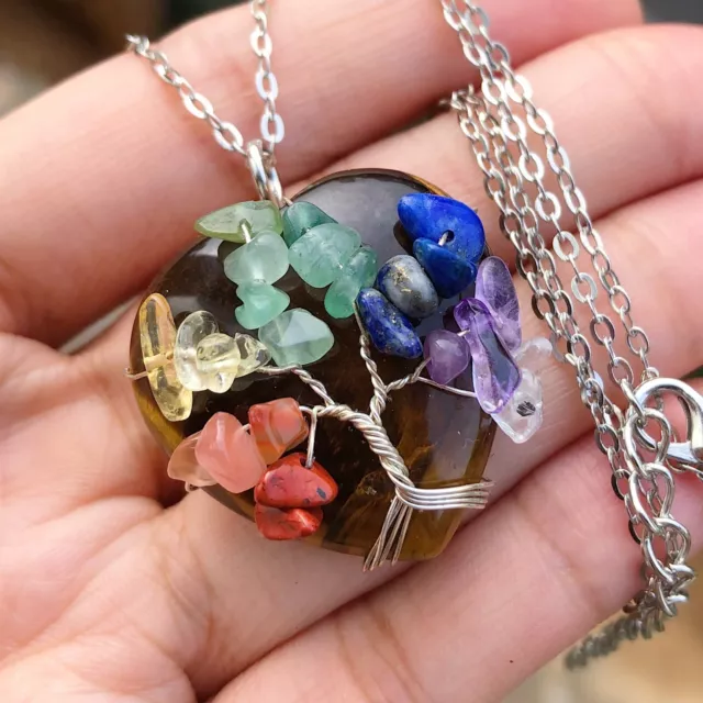 7 Chakra Tiger Eye Gem Stone Tree Of Life Heart Necklace Reiki Healing Amulet