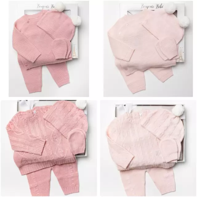 Newborn Baby Girls Spanish Romany Knitted Twist Pom Outfit Pram 4Pcs Gift Set