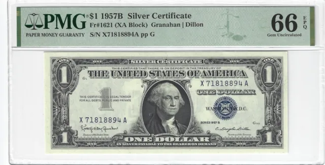 Fr.1621 1957B $1 Silver Certificate Granahan/Dillon XA Block PMG 66EPQ
