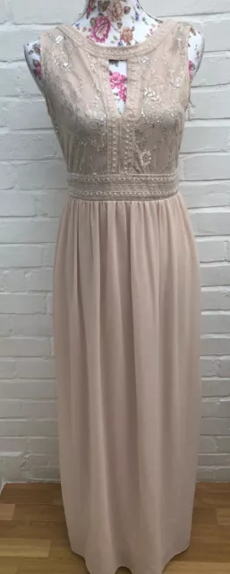 TFNC London Maxi Dress Beige Lace Pearl Prom Dress Wedding Bridesmaid Size 16