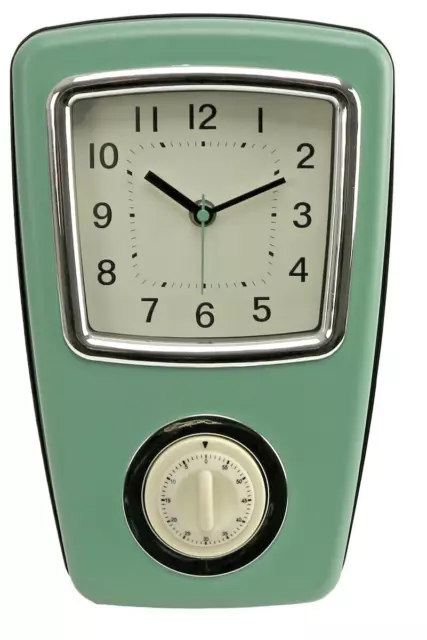 RETRO KÜCHENUHR 50'er Jahre Design METALL MIT EIERUHR UND STYLISCHER CHROMLEISTE