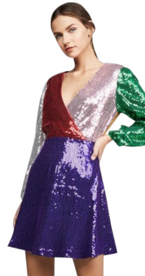 Alice + Olivia Sequin Cocktail Dress Multicolor Womens 0 Long Sleeve $440 NWT