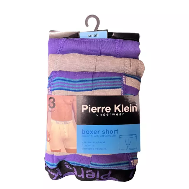 Mens Boys 3 Pairs  Small Pierre Klein Blue Purple Stripe Boxer Shorts Underwear