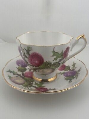 Vintage Queen Anne Red & Purple Floral Thistle Bone China Tea Cup & Saucer Set