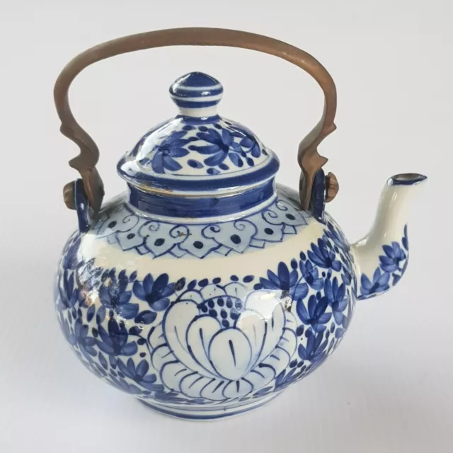 Miniature teapot Blue and white 4.5 inchs lotus hand painted Porcelain Vintage