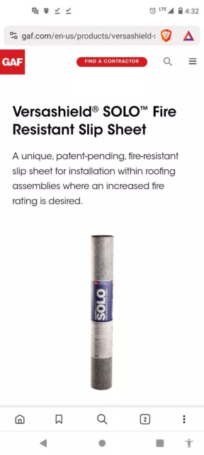 Gaf Versashield Solo Fire-Resistant Slip Sheet 3' X 166.7'  Roofing Underlayment