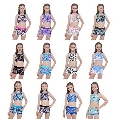 KID ragazze Stampa Crop Top Tankini Atletico con Swim Shorts Costume da bagno Costumi da bagno