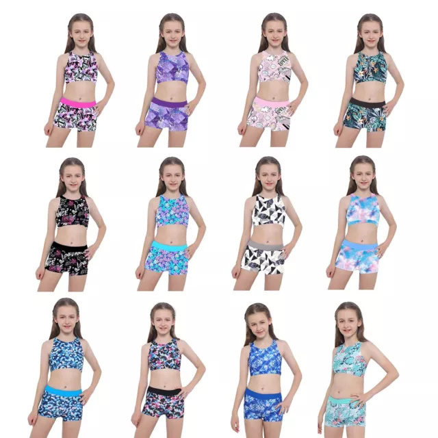 Kids Girls 2-Piece Outfit Gymnastics Sport Swim Crop Bra Top and Booty Short Set