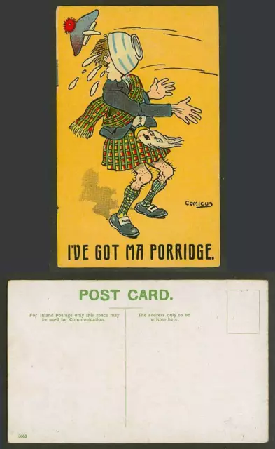 Comicus-Künstler signierte alte Postkarte schottischer Mann Kilts I've Got Ma Porridge Comic