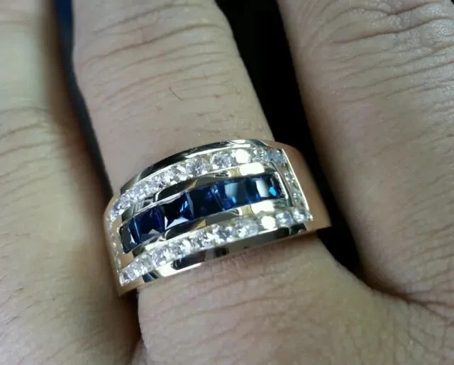 14k Yellow Gold Plated Men's Lab Created Diamond & Blue Sapphire Ring 1.78 ct