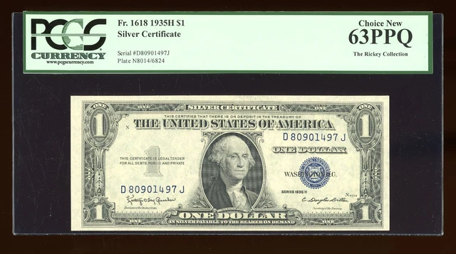 DBR $1 1935-H Silver Fr. 1618 DJ Block PCGS 63 PPQ Serial D80901497J