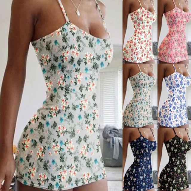 Women's Strap Sling Print Sexy Slim Floral Dresses Bodycon Mini Dress Party