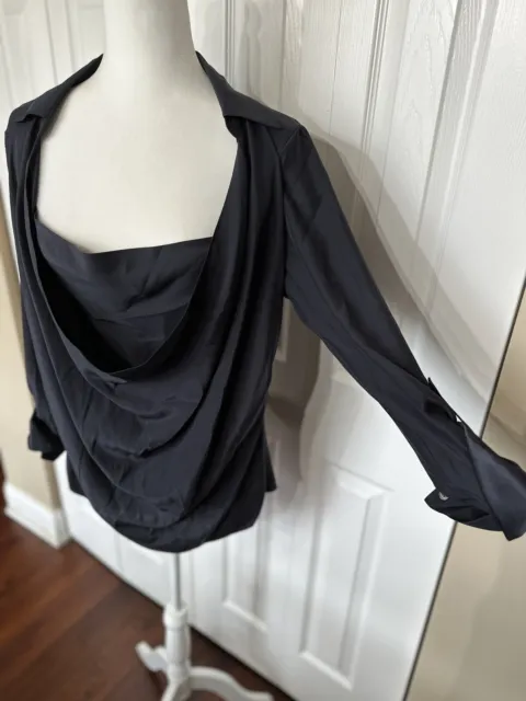 Lafayette 148 Blouse 100% Silk Dark Charcoal Long Sleeve Cowl Neck Size 12