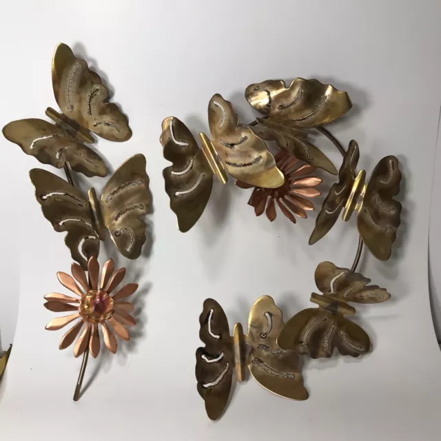 Vintage Brass & Copper Butterfly & Daisy 2 Pc. Wall Art Mid-Century Decor 17”