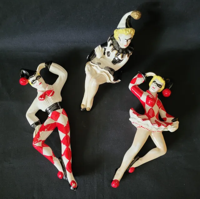 Set of 3 Vintage 1950s Ceramic Harlequin Figurines Dolls Mid Century Japan