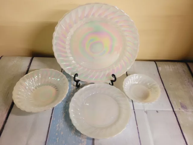 4 Rare Fire King Aurora Swirl Shell Plates & Bowls Anchor Hocking