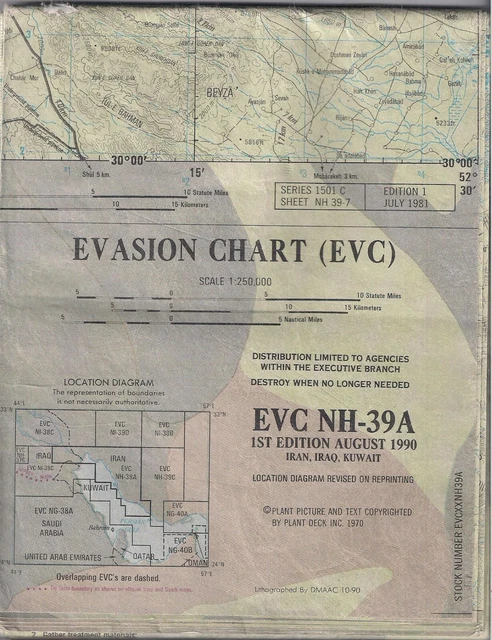 1ST EDITION AUGUST 1990, EVASION CHART, EVC NH-39A, IRAN, IRAQ, KUWAIT ...