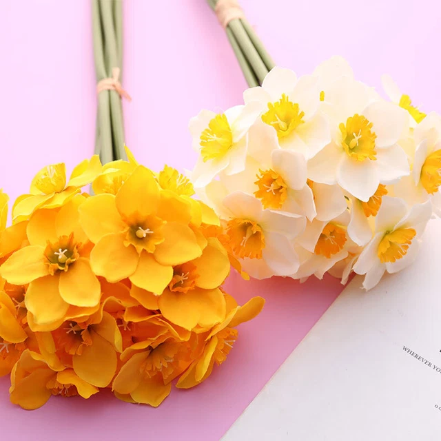 6 Pcs/Lot Simulation Narcissus Daffodil Orchid White Flowers Wedding Bouq=s=