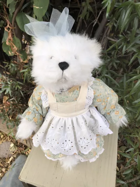 Joan Davis Handcrafted White Bear  11” Artist Teddy Spring Summer Pinafore Dress