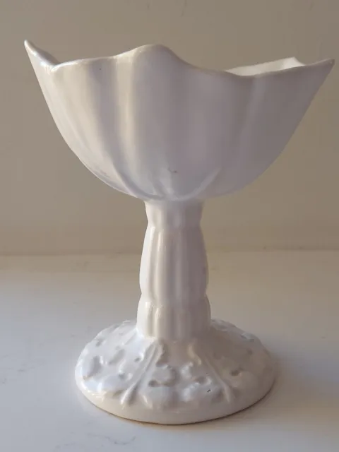 Vintage Pedestal Trinket Dish White Ceramic Leaf Design 6"